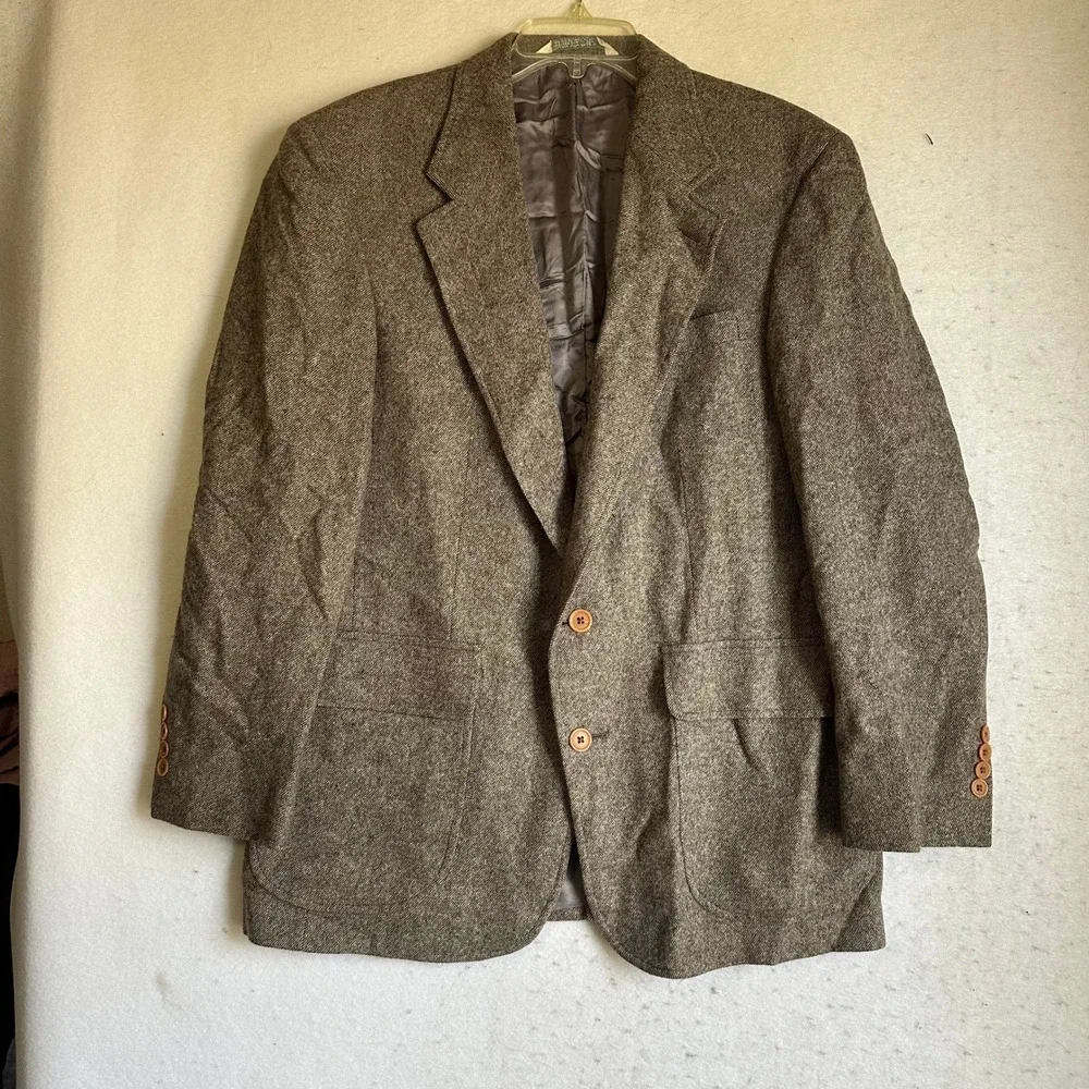Lands End Vintage Brown Tweed Wool Blazer Sport Coat Made in USA Mens